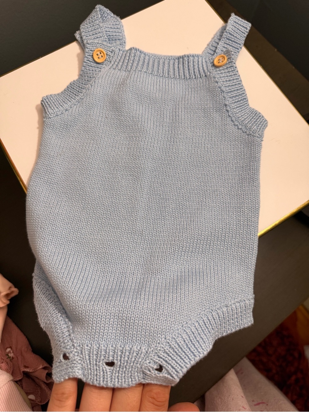 Soft Knit Baby Romper in Light Blue with Button Straps